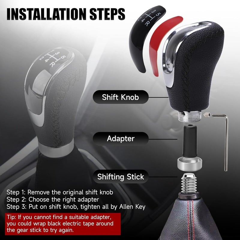 ANDO RACING Universal 5/6 Speed Leather Car Racing Gear Shift Shifter knob,Artificial Leather and ABS Black Stitching Shift Knob with 4 Adapters,Replaceable 3 Gear Position Pastors(Black+Black Line) - Image 5